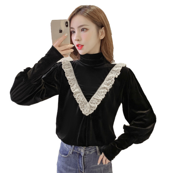 Női alkalmi bársony ing csipkével és magas gallérral