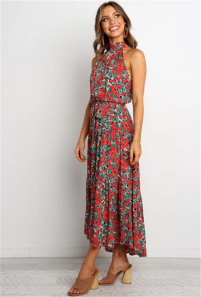 Modern női ruha virágmintás derékkötővel