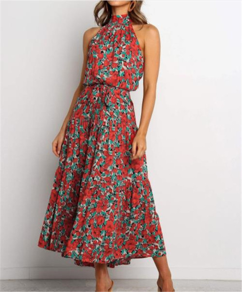 Modern női ruha virágmintás derékkötővel