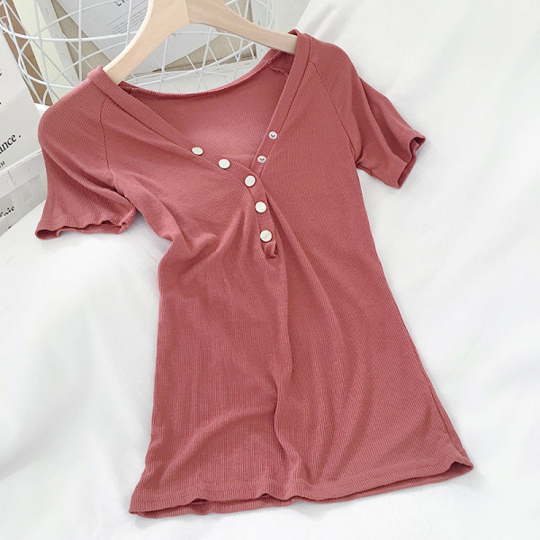 Női póló rövid ujjal, spitz nyakkivágással gombokkal