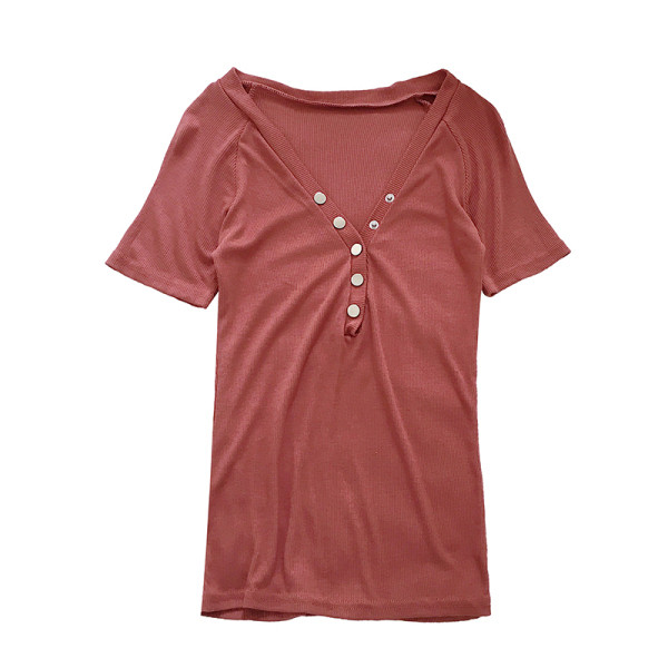 Női póló rövid ujjal, spitz nyakkivágással gombokkal