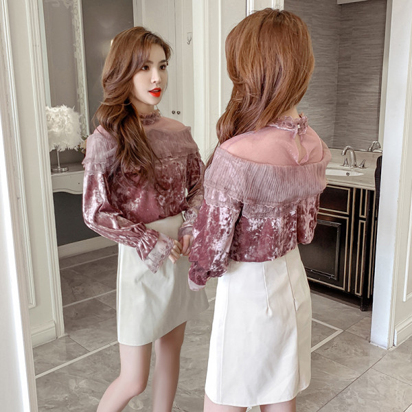 Női bársony ing csipkével és hosszú ujjal