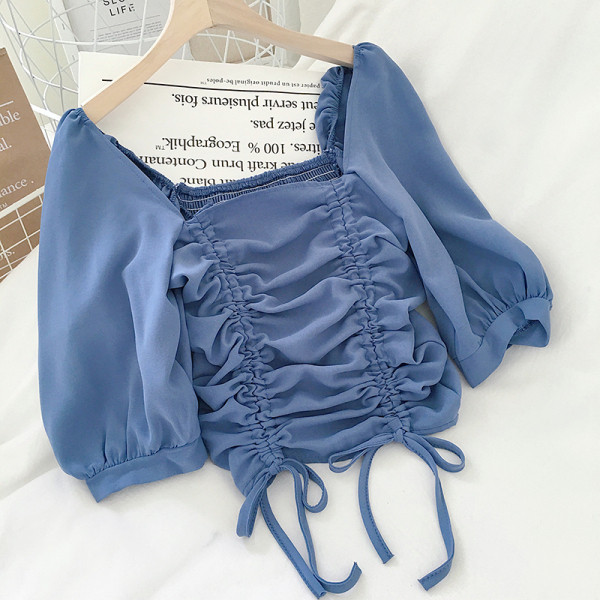 Tavaszi női sifon blúz ráncolt elülső résszel, megkötővel