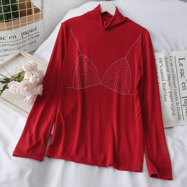 Modern női blúz pólógallérral, hosszú ujjal és rátéttel