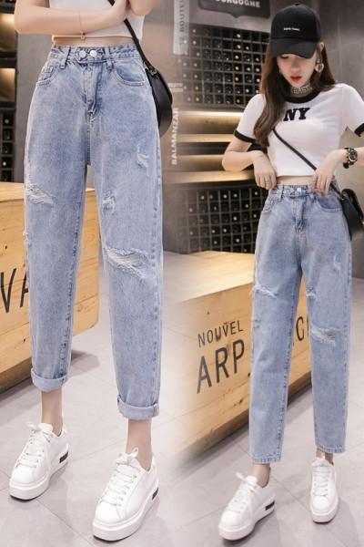 Lezser női farmer magas derékkal, szakadt motívummal - széles modell