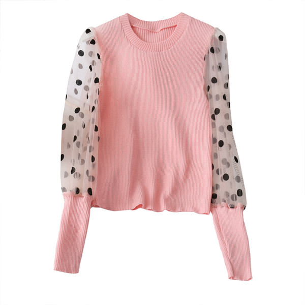 Alkalmi női blúz ovális nyakkivágással és átlátszó pöttyös ujjakkal