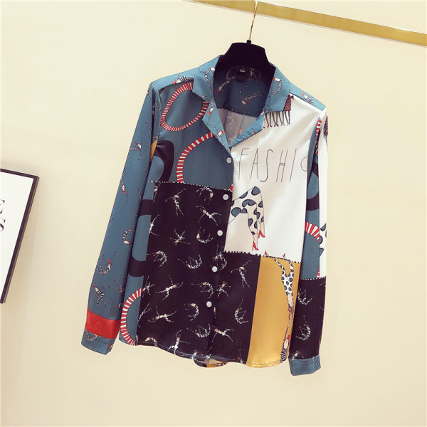 Moteriški pavasariniai marškiniai su spalvingomis aplikacijomis ir klasikine apykakle