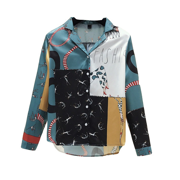 Moteriški pavasariniai marškiniai su spalvingomis aplikacijomis ir klasikine apykakle