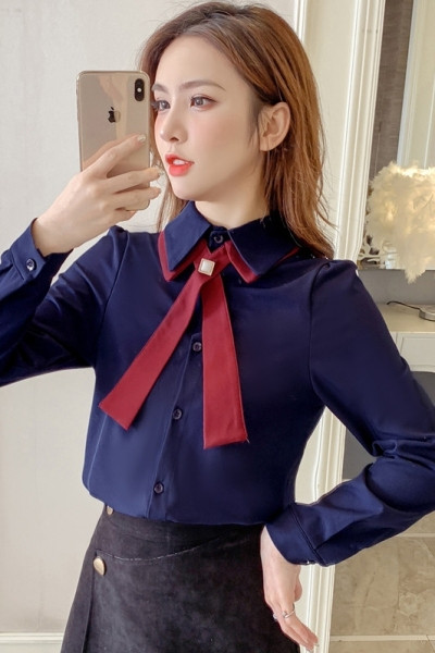 Sieviešu ikdienas krekls ar lenti un klasisku apkakli