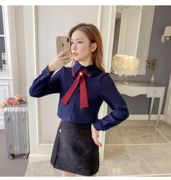 Sieviešu ikdienas krekls ar lenti un klasisku apkakli