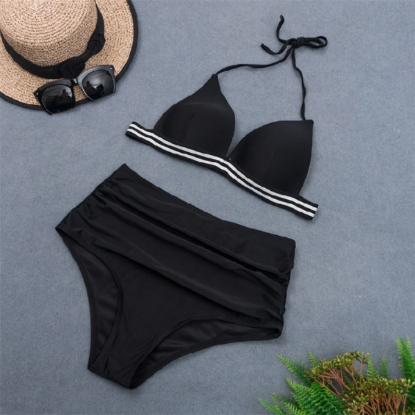 Sieviešu divdaļīgs peldkostīms ar biksēm ar augstu jostasvietu melnā krāsā