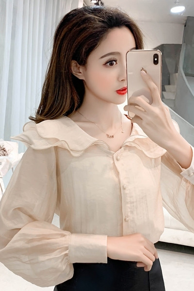 Naujo modelio moteriški šifoniniai marškiniai su sagomis ir ovalia iškirpte