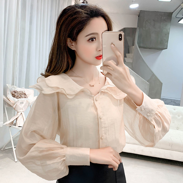 Naujo modelio moteriški šifoniniai marškiniai su sagomis ir ovalia iškirpte