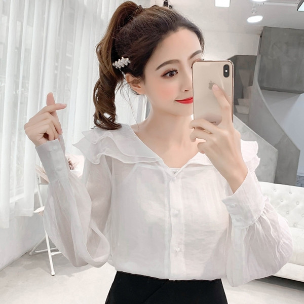 Naujo modelio moteriški šifoniniai marškiniai su sagomis ir ovalia iškirpte