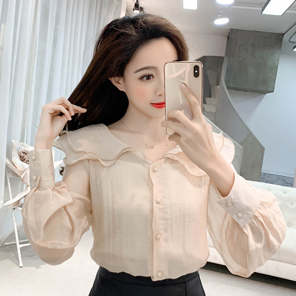 Naujo modelio moteriški šifoniniai marškiniai su sagomis ir ovalia iškirpte