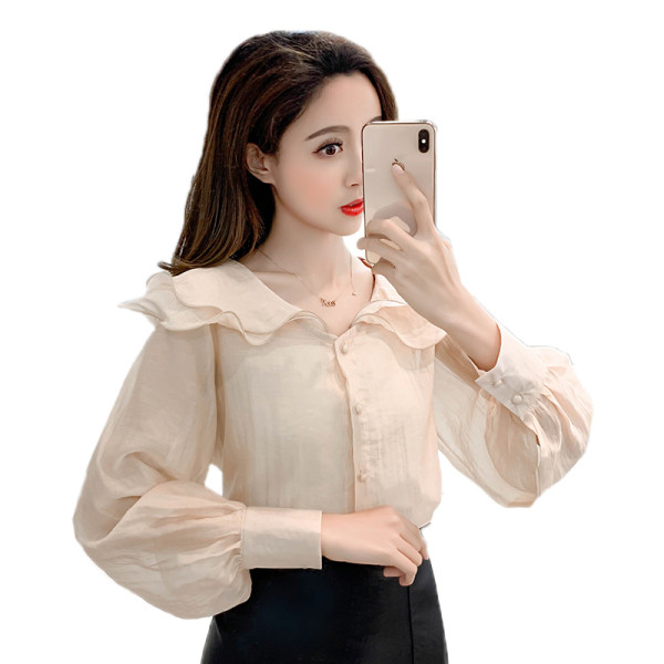 Naujo modelio moteriški šifoniniai marškiniai su sagomis ir ovalia iškirpte