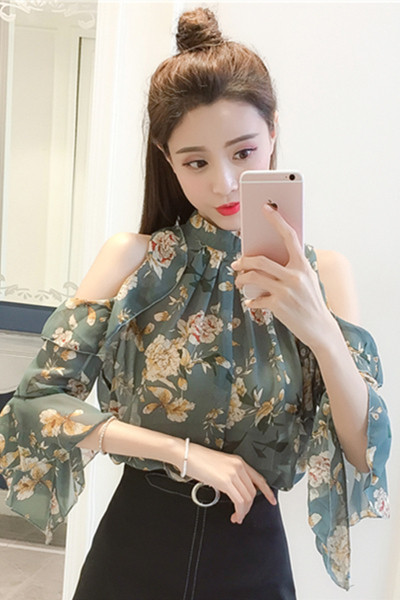 Cămașă casual de șifon de damă, cu umerii goi și model floral