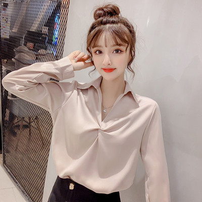 Naujo modelio šifoniniai moteriški marškiniai su špico iškirpte ir klasikine apykakle