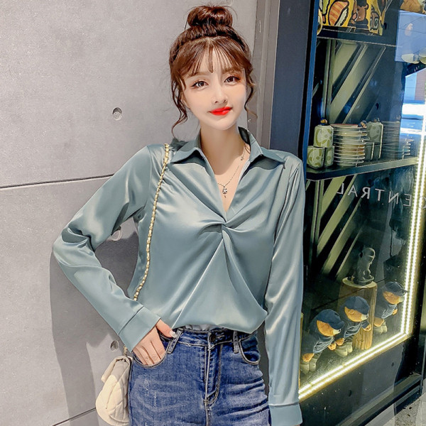 Naujo modelio šifoniniai moteriški marškiniai su špico iškirpte ir klasikine apykakle