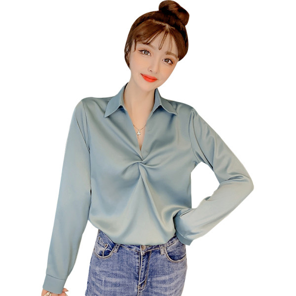 Naujo modelio šifoniniai moteriški marškiniai su špico iškirpte ir klasikine apykakle