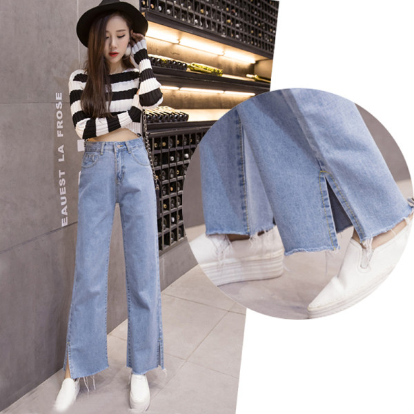 Ikdienas sieviešu džinsi ar augstu vidukli un šķēlumu - plats modelis