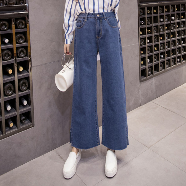 Ikdienas sieviešu džinsi ar augstu vidukli un šķēlumu - plats modelis