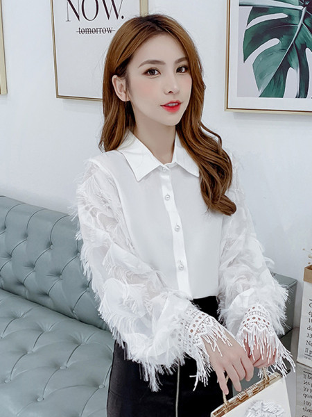 Modern női ing klasszikus gallérral és bojttal