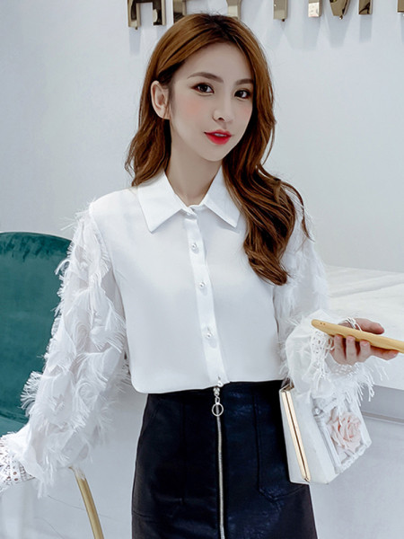 Modern női ing klasszikus gallérral és bojttal