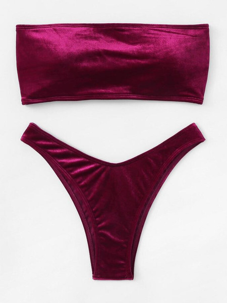 Madingas moteriškas aksominis maudymosi kostiumėlis su juostele