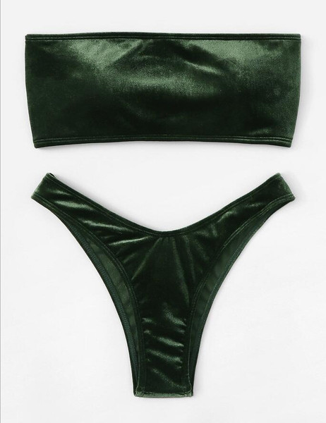 Madingas moteriškas aksominis maudymosi kostiumėlis su juostele