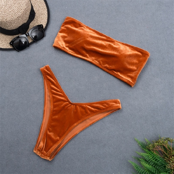 Madingas moteriškas aksominis maudymosi kostiumėlis su juostele