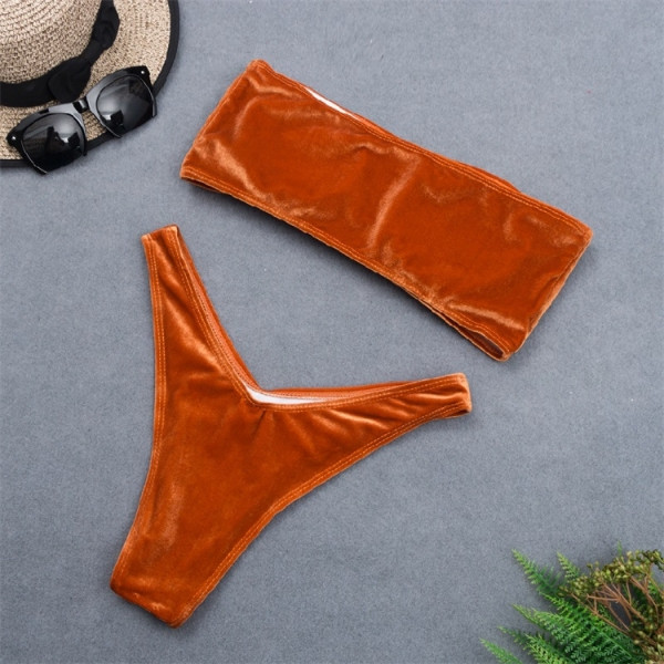 Madingas moteriškas aksominis maudymosi kostiumėlis su juostele