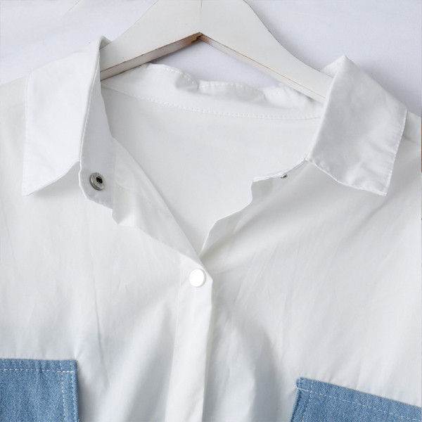 Plats sieviešu krekls ar klasisku apkakli, džinsa piedurknēm un kabatām