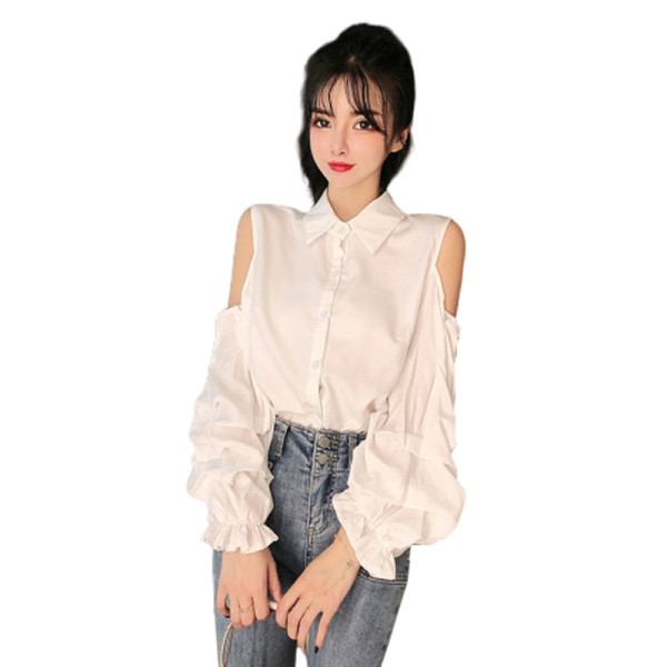 Jauna modeļa sieviešu krekls ar atkailinātiem pleciem un klasisku apkakli