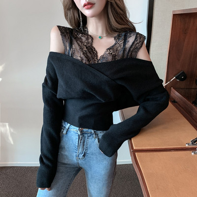 Šiuolaikinė moteriška palaidinė krentančiomis rankovėmis ir nėrinių elementais