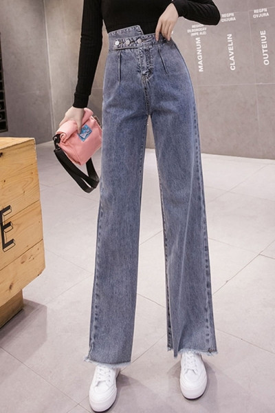 Blugi lungi dama casual cu talie inalta si nasturi