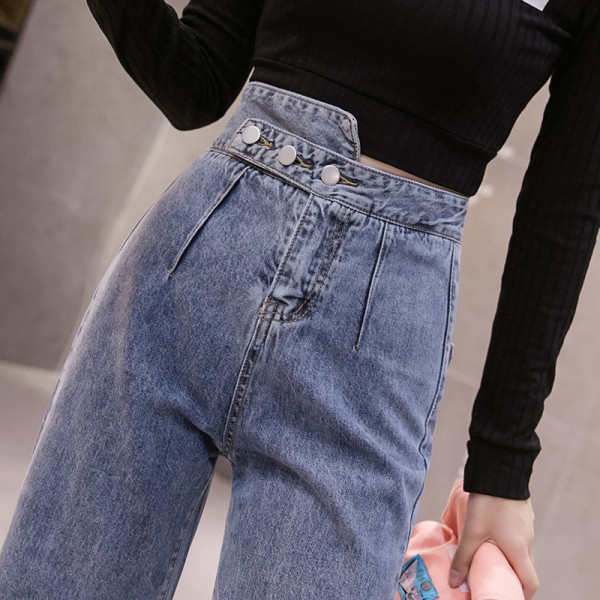 Blugi lungi dama casual cu talie inalta si nasturi