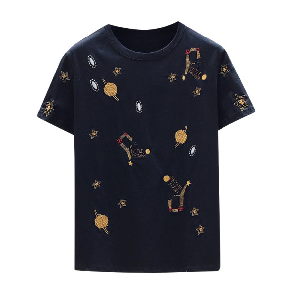 Sieviešu ikdienas t-krekls ar krāsainiem izšuvumiem un apaļu kakla izgriezumu