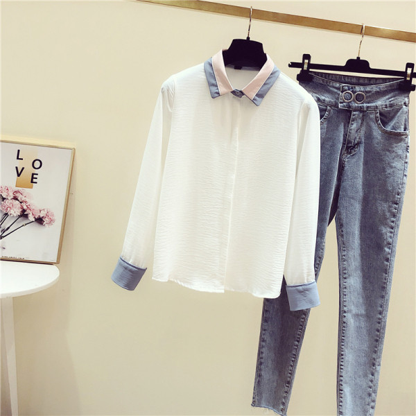 Moderns sieviešu pavasara krekls ar klasiskas krāsas apkakli