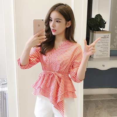 Naujo modelio vasariniai languoti marškinėliai su kaspinu - asimetriškas modelis