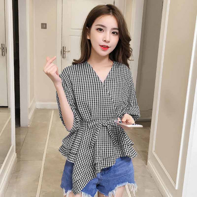 Naujo modelio vasariniai languoti marškinėliai su kaspinu - asimetriškas modelis