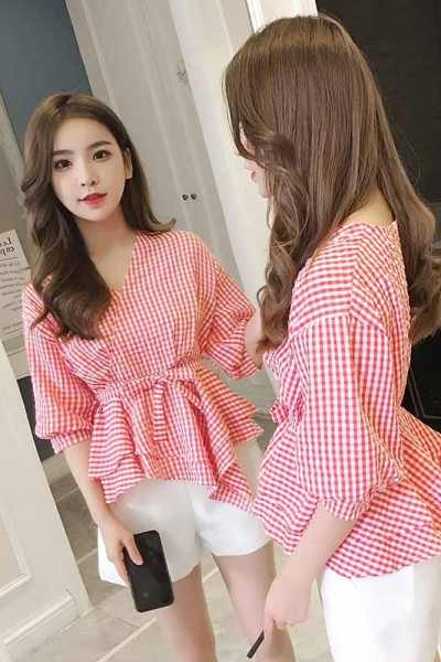 Naujo modelio vasariniai languoti marškinėliai su kaspinu - asimetriškas modelis