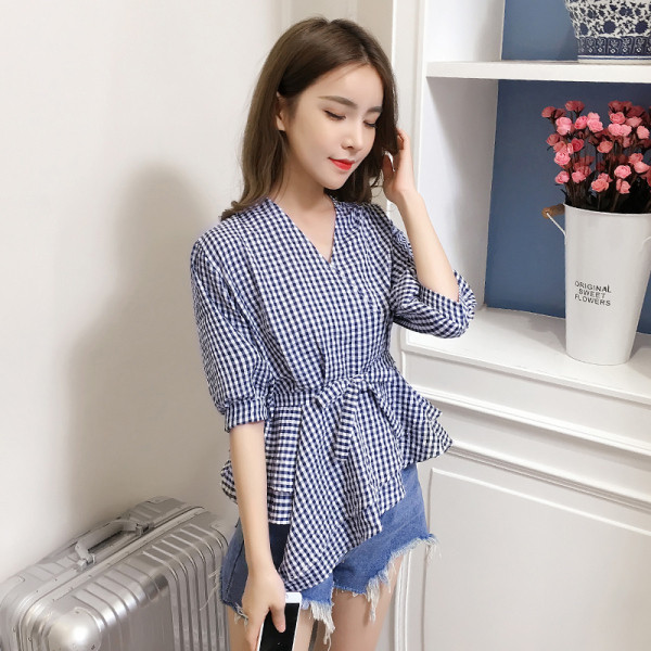 Naujo modelio vasariniai languoti marškinėliai su kaspinu - asimetriškas modelis