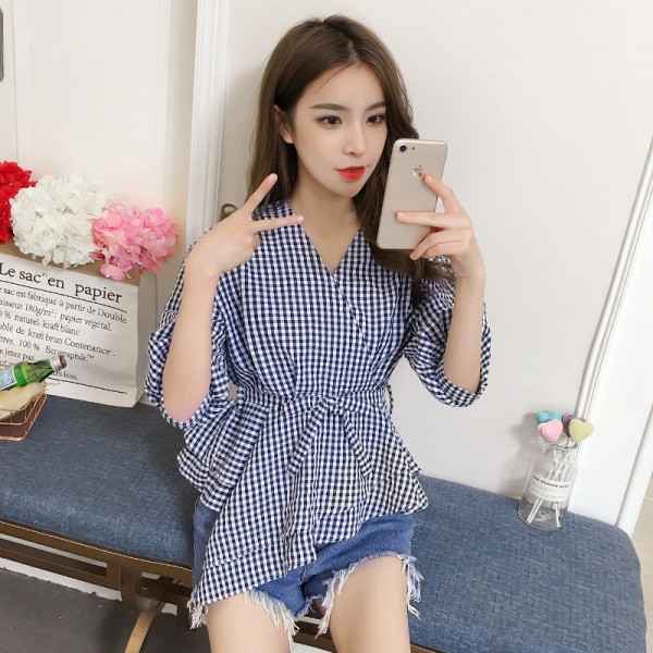 Naujo modelio vasariniai languoti marškinėliai su kaspinu - asimetriškas modelis