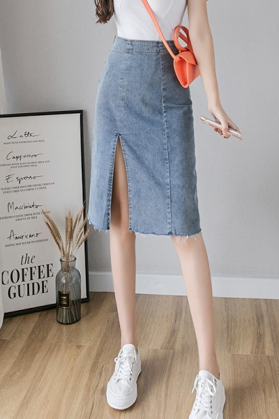 Ежедневна дамска пола с висока талия и цепка в син цвят