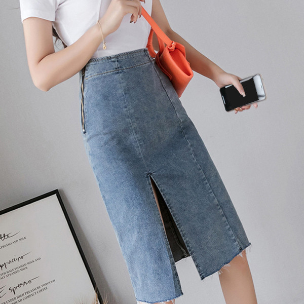 Ежедневна дамска пола с висока талия и цепка в син цвят