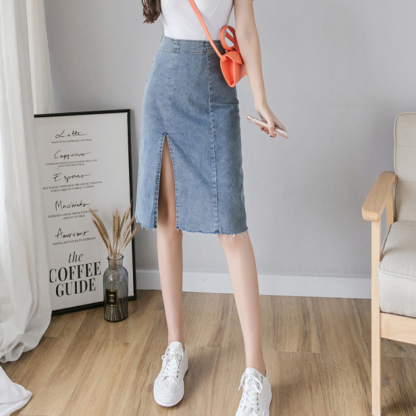 Ежедневна дамска пола с висока талия и цепка в син цвят