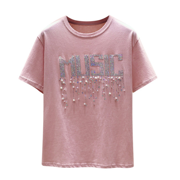 Kerek nyakkivágású, fényes hatású nyári női póló