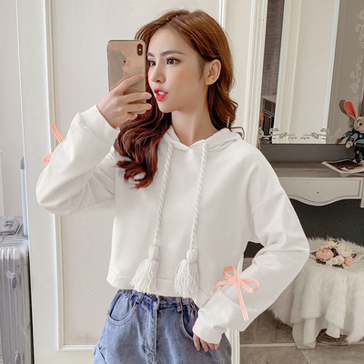 Ежедневен дамски къс суичър с връзки и качулка