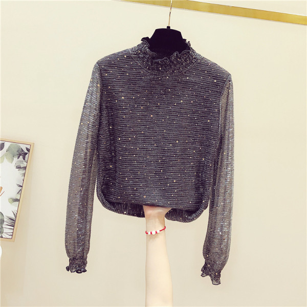 Moderni moteriška palaidinė aukšta apykakle ir blizgiu efektu